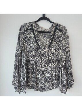 Eri & Ali Boho Blouse Top Shirt Black White Floral Bell Sleeves Women's M
